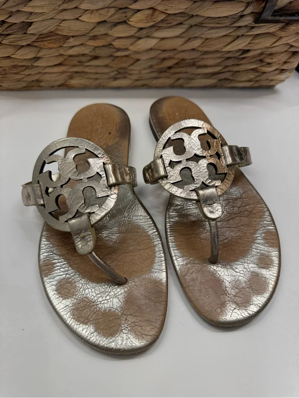 Tory Burch Metallic Silver-Gold Miller Logo Thong Sandals